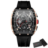 Montre quartz chronographe sport waterproof en noir et or rose avec cadran texturé et bracelet en caoutchouc