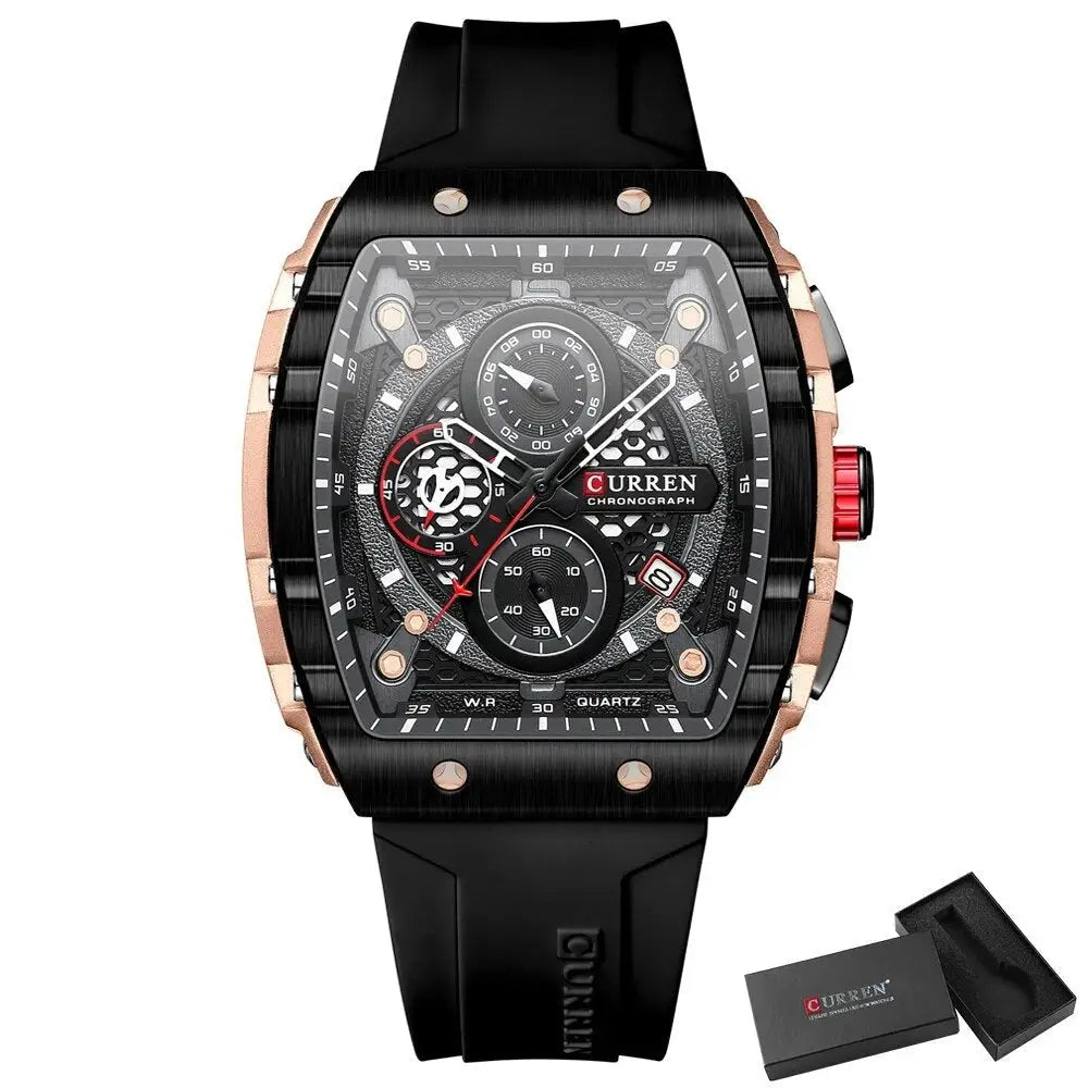 Montre quartz chronographe sport waterproof en noir et or rose avec cadran texturé et bracelet en caoutchouc