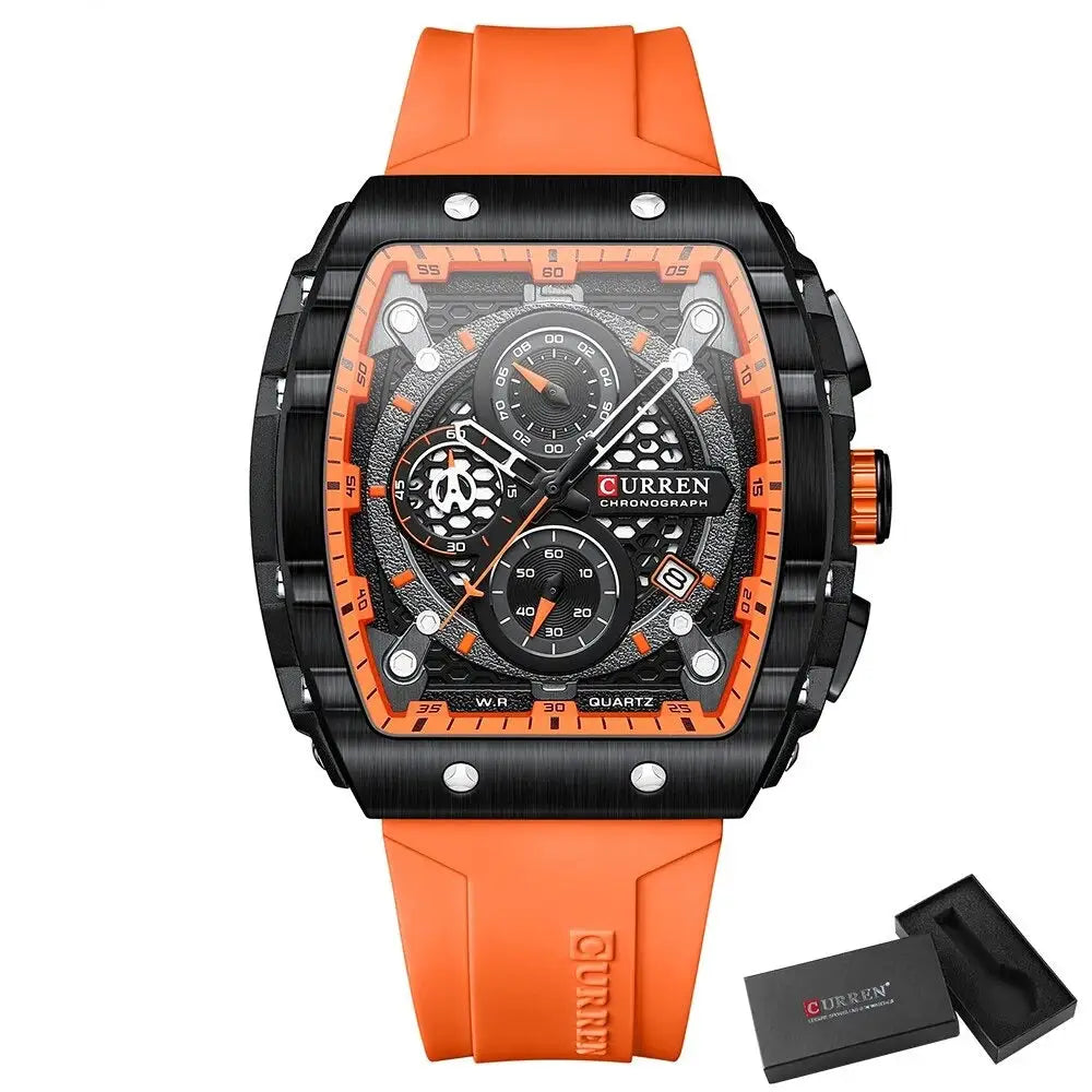 Montre quartz chronographe sport waterproof orange et noir avec boîtier rectangulaire et bracelet en caoutchouc