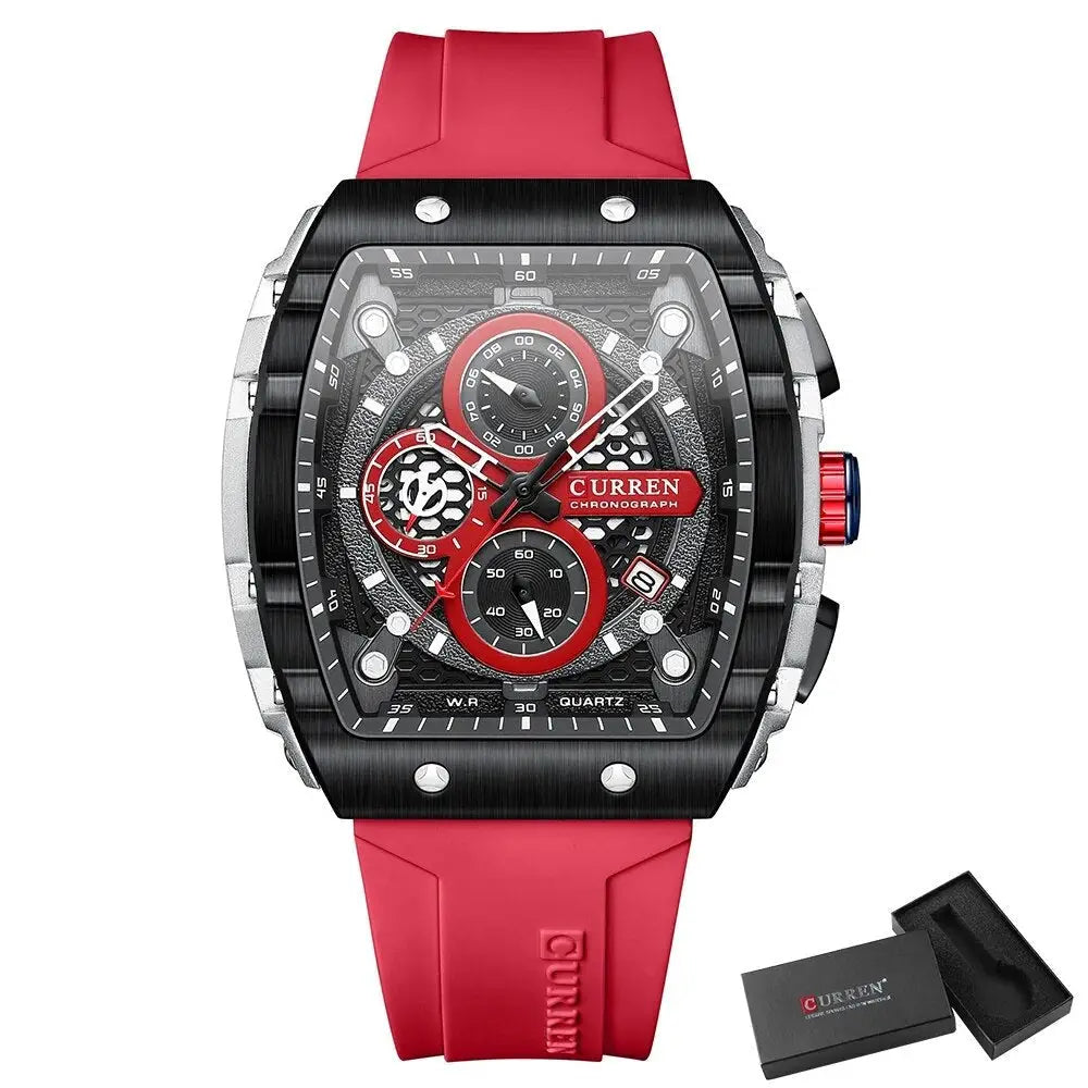 Montre quartz chronographe sport waterproof rouge et noir avec boîtier texturé et bracelet en caoutchouc rouge modèle sportif à mouvement quartz