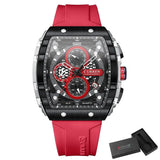 Montre quartz chronographe sport waterproof rouge et noir avec boîtier texturé et bracelet en caoutchouc rouge modèle sportif à mouvement quartz