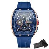 Montre quartz chronographe curren bleu et rose gold avec cadran texturé et bracelet silicone sport waterproof
