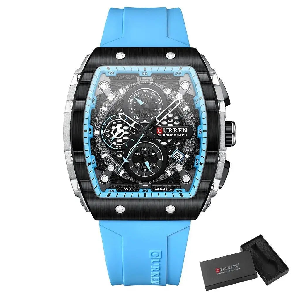 Montre quartz chronographe curren sport waterproof avec bracelet silicone bleu et boîtier noir et argent modèle sportif à mouvement quartz