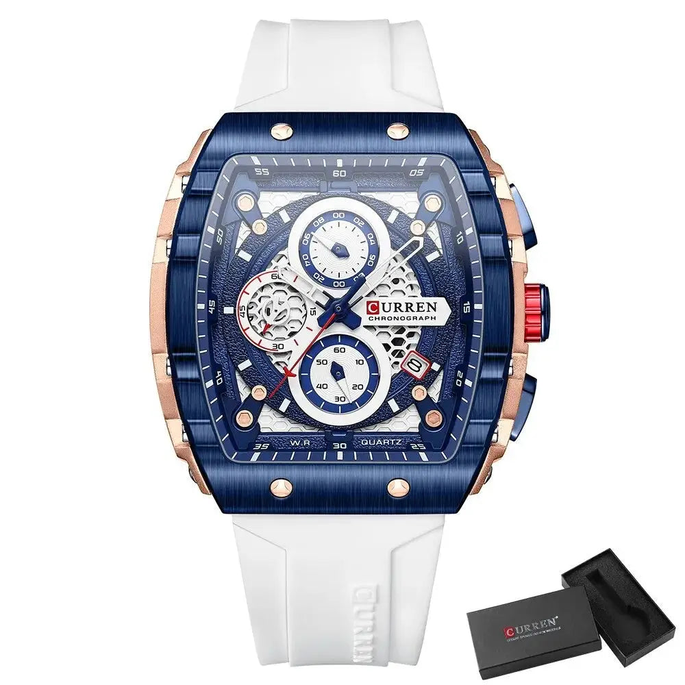 Montre quartz chronographe sport modèle sportif à mouvement quartz bleu et or rose avec bracelet silicone blanc