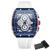Montre quartz chronographe sport modèle sportif à mouvement quartz bleu et or rose avec bracelet silicone blanc