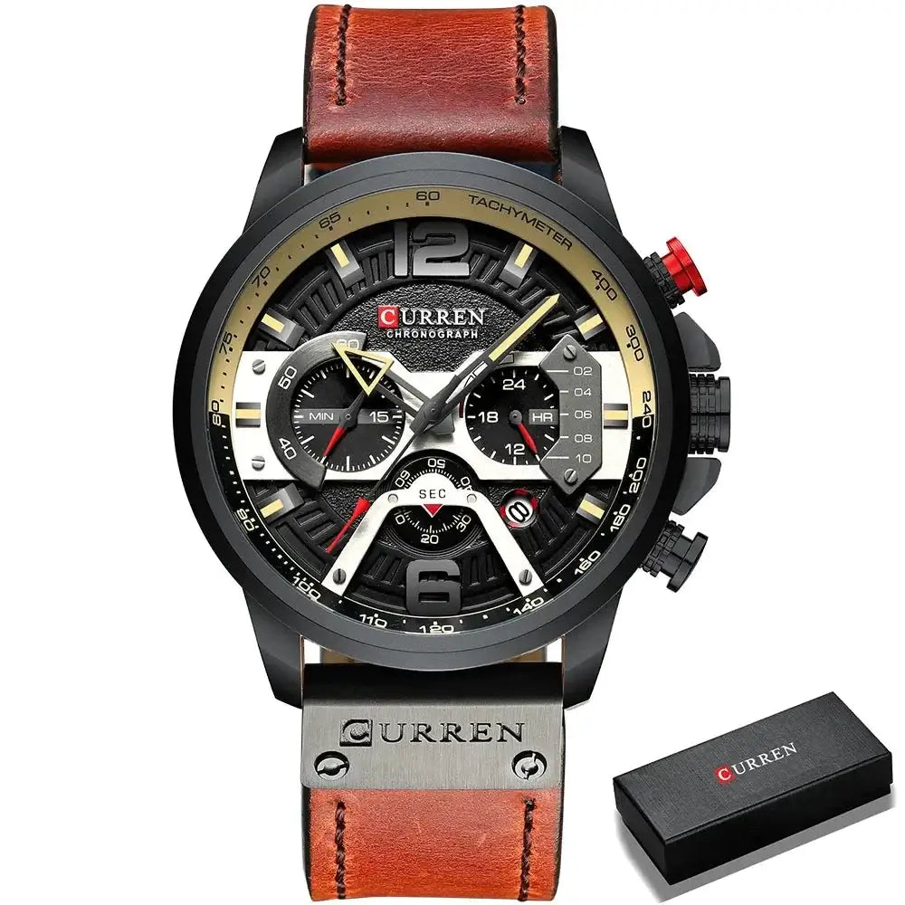 Montre sport étanche avec chronographe noir et or et étanche bracelet cuir marron pour amateurs d’activités physiques