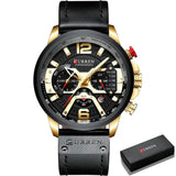 Montre sport étanche curren chronograph noir et or avec étanche bracelet cuir noir pour amateurs d’activités physiques