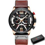 Montre sport étanche curren chronograph avec cadran noir boîtier or rose bracelet cuir marron et accents rouges pour amateurs d’activités physiques