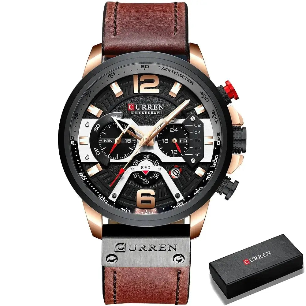 Montre sport étanche curren chronograph avec cadran noir boîtier or rose bracelet cuir marron et accents rouges pour amateurs d’activités physiques