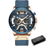 Montre sport étanche curren avec boîtier rose gold, cadran à sous-cadrans et étanche bracelet cuir bleu