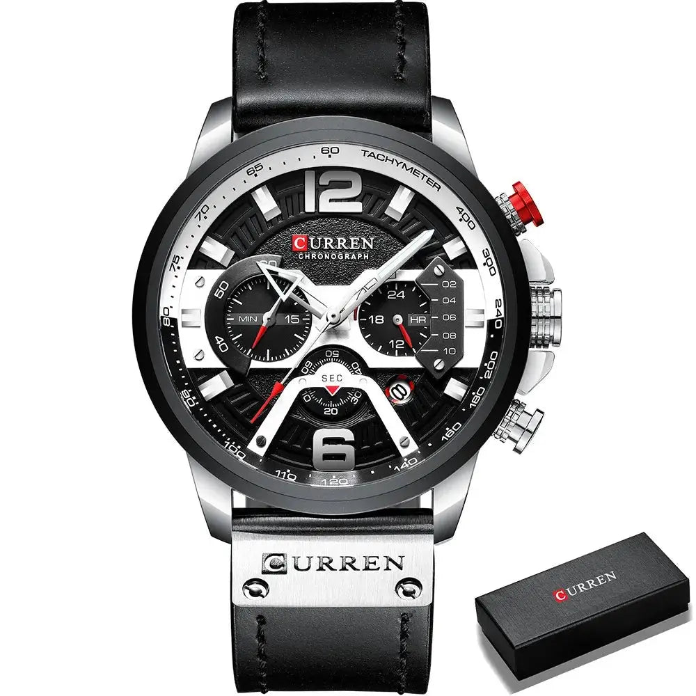 Montre sport étanche curren chronograph noir et argent avec bracelet cuir noir idéale pour amateurs d’activités physiques