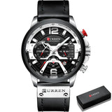Montre sport étanche curren chronograph noir et argent avec bracelet cuir noir idéale pour amateurs d’activités physiques