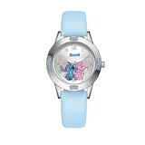 Montre stitch disney bracelet en cuir bleu clair avec boîtier argenté et accents cristal, allie élégance et extraterrestre préféré