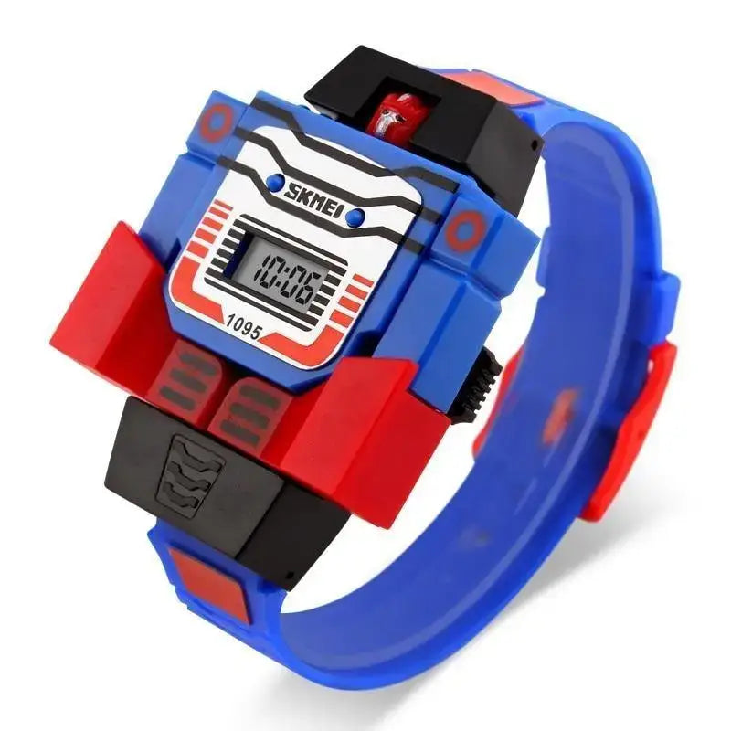 Montre transformers optimus prime digitale bleu et rouge avec accents noirs et visage de personnage sur le dessus en boîte cadeau
