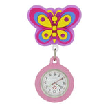 Clip papillon rose avec montre ronde rose en caoutchouc souple pour infirmières offrant prise ferme et confort ultime