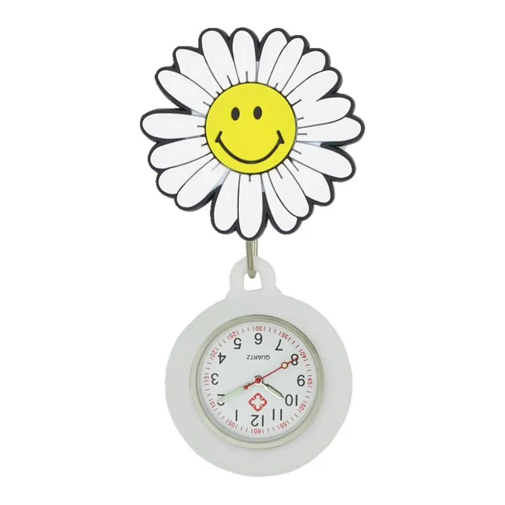 Montre de poche en caoutchouc souple blanche avec clip marguerite et visage souriant jaune pour confort ultime et prise ferme