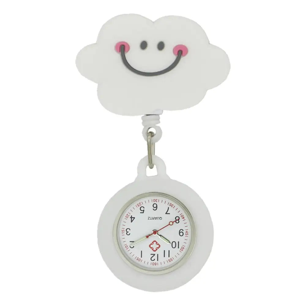 Montre de poche blanche en caoutchouc souple en forme de nuage avec visage souriant et prise ferme pour infirmières