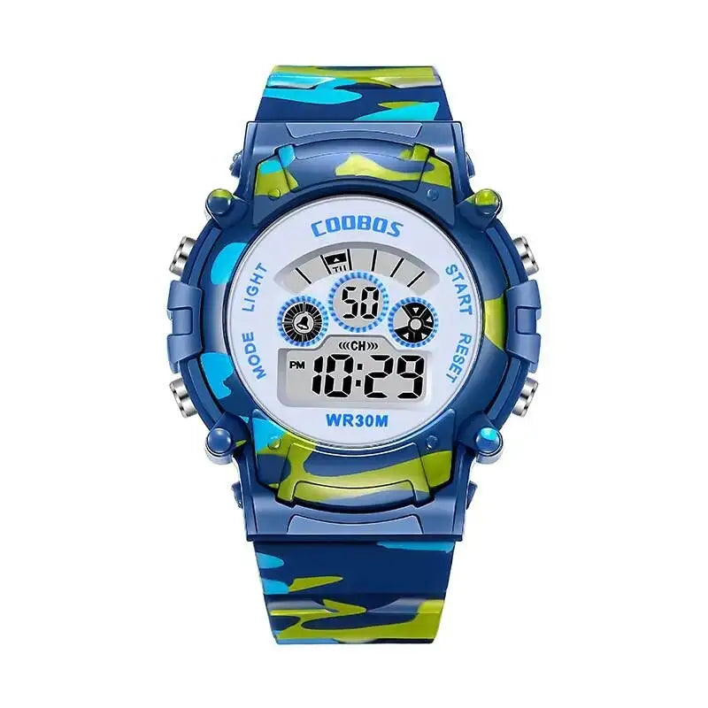 Montre numérique coobos camouflage bleu et vert avec cadran blanc et boutons multifonctions pour activités sportives