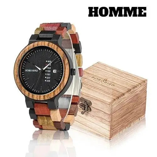 Boho bird homme montre quartz en bois ancien avec cadran noir et bracelet multicolore montres en bois pour couple