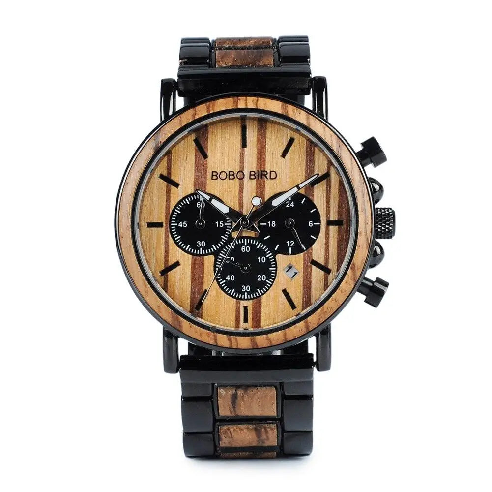 Montre quartz militaire en bois boho bird avec cadran en bois rayé et sous-cadrans noirs à fabrication exquise