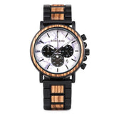 Montre quartz militaire bobo élégante avec cadran marbre blanc, sous-cadrans noirs, bracelet alternant bois et noir