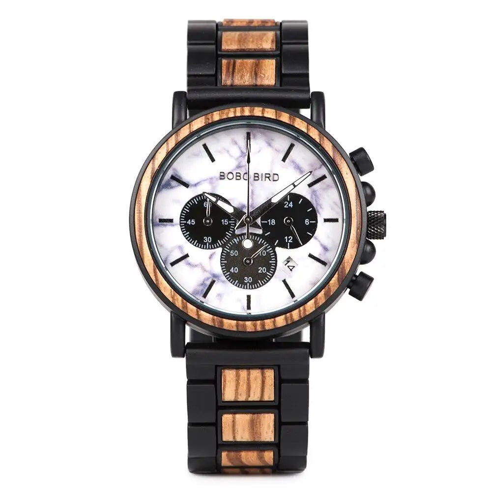 Montre quartz militaire bobo élégante avec cadran marbre blanc, sous-cadrans noirs, bracelet alternant bois et noir