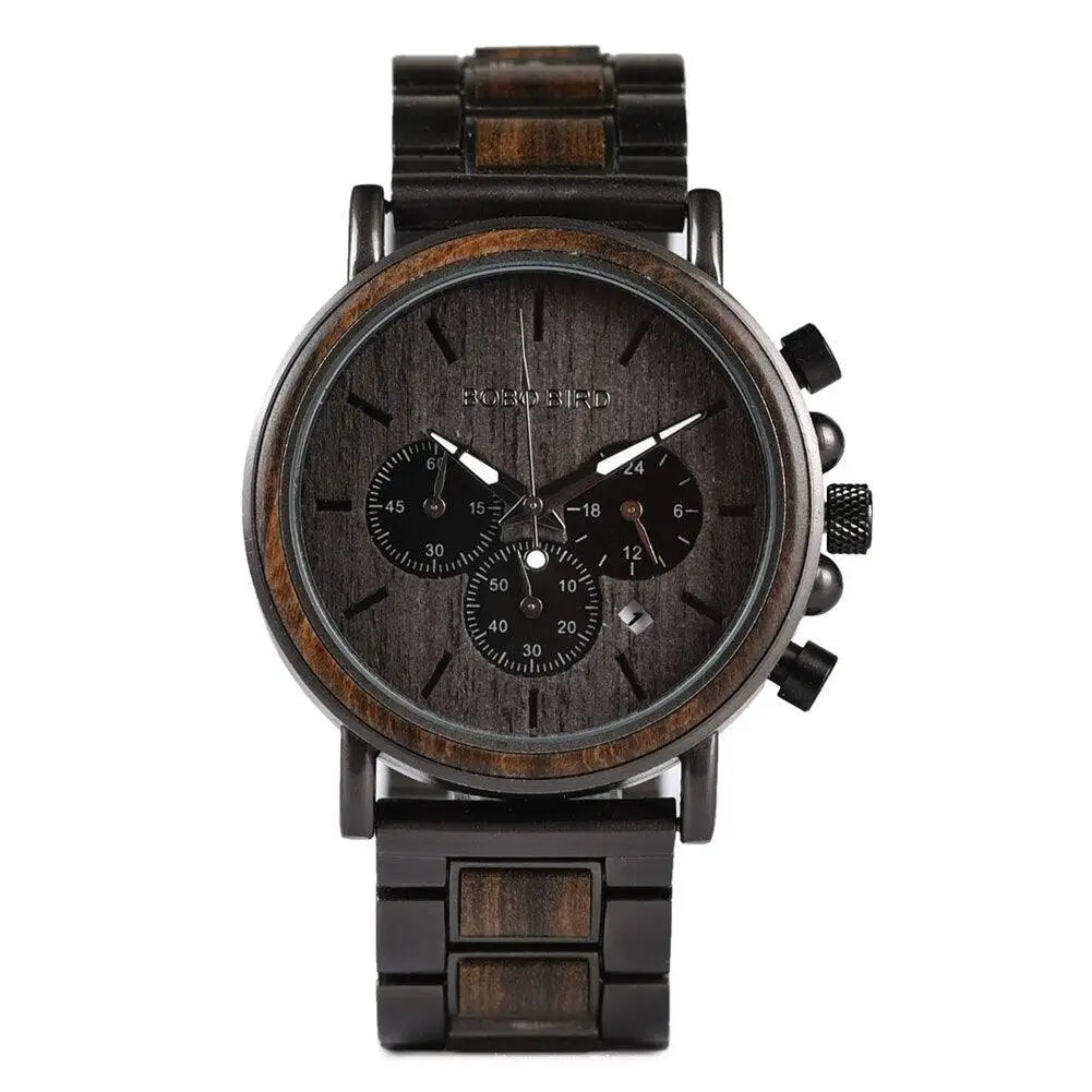 Montre quartz militaire en bois bobberd avec lunette texturée, cadran noir et aiguilles argentées lumineuses