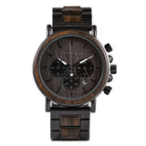 Montre quartz militaire en bois bobberd avec lunette texturée, cadran noir et aiguilles argentées lumineuses