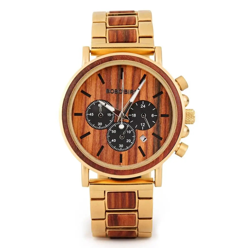 Montre quartz militaire en bois pour hommes avec cadran en grain de bois naturel et accents métal doré bob bir