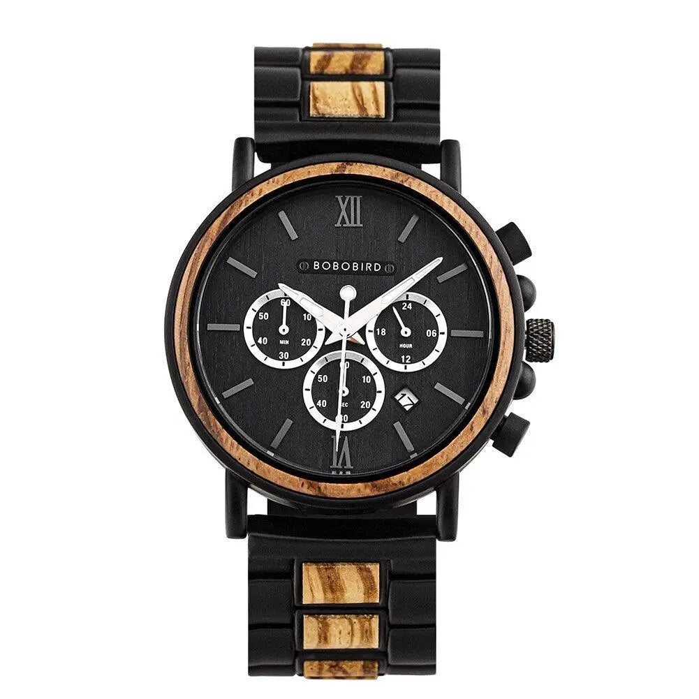 Montre quartz militaire en bois pour hommes avec cadran noir, aiguilles blanches lumineuses et fabrication exquise