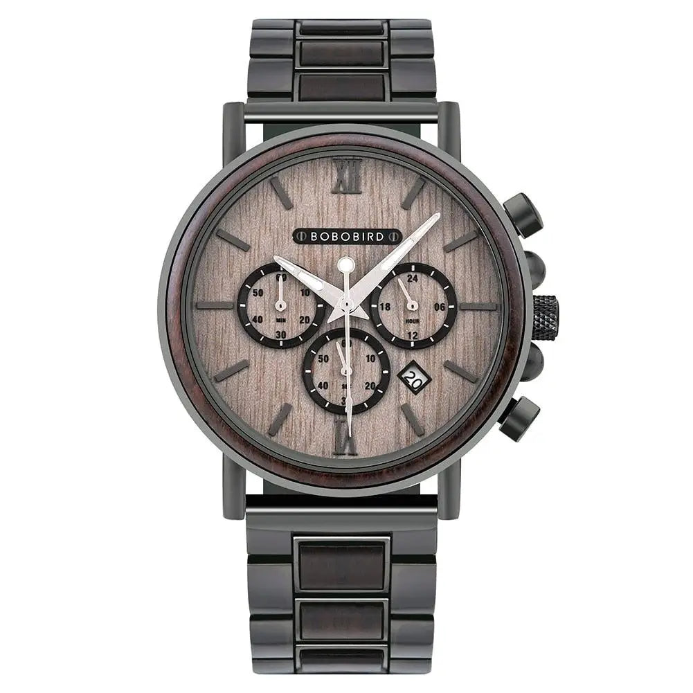Montre quartz militaire en acier inoxydable noir avec cadran effet grain de bois et chiffres romains fabrication exquise