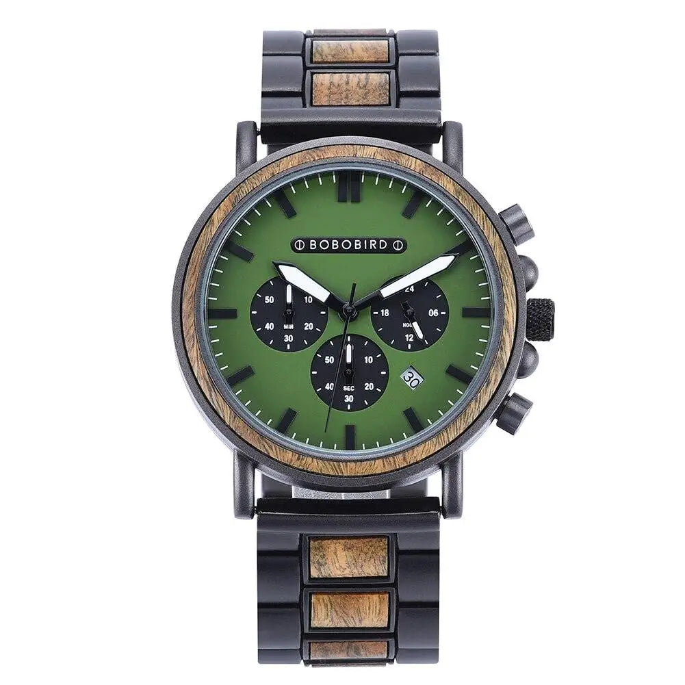 Montre quartz militaire en bois pour hommes avec cadran vert, lunette en bois et bracelet noir bobbird fabrication exquise