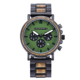 Montre quartz militaire en bois pour hommes avec cadran vert, lunette en bois et bracelet noir bobbird fabrication exquise