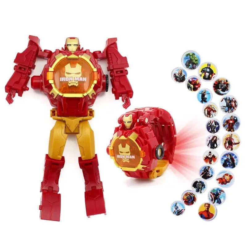 Montre transformable robots disney marvel rouge et or avec boutons de personnage iron man pour collection et jeu