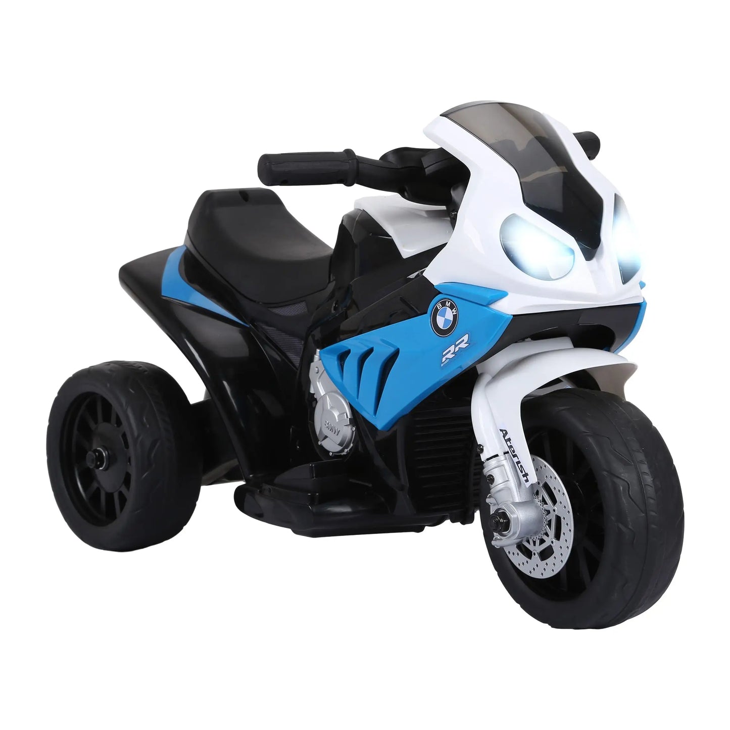Moto électrique pour enfants bmw rr trois roues blanche et bleue avec siège noir idéale pour magasins de jouets
