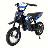 Moto électrique enfants r9x noire et bleue avec réservoir blanc et freins à tambour sécurisés pour enfants