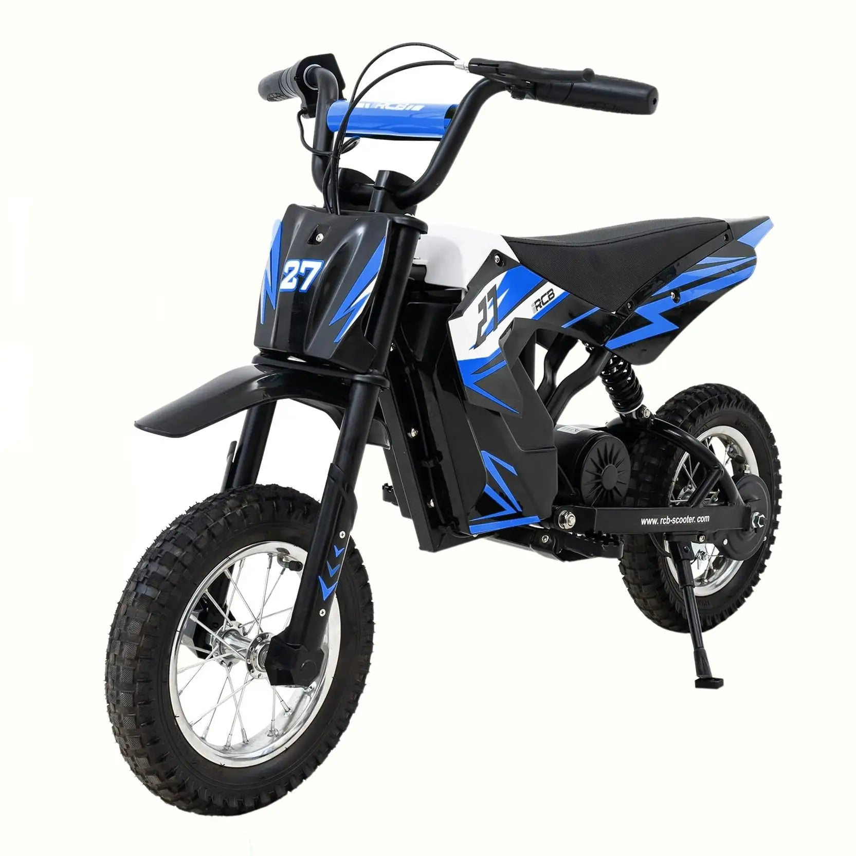Moto électrique enfants r9x noire et bleue avec réservoir blanc et freins à tambour sécurisés pour enfants