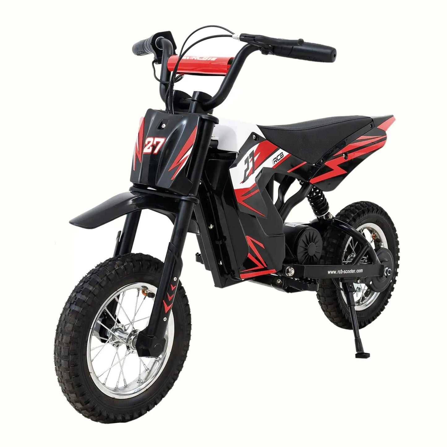 Moto électrique pour enfants r9x noire et rouge avec accents blancs et freins à tambour sécurisés numéro 27 sur garde-boue