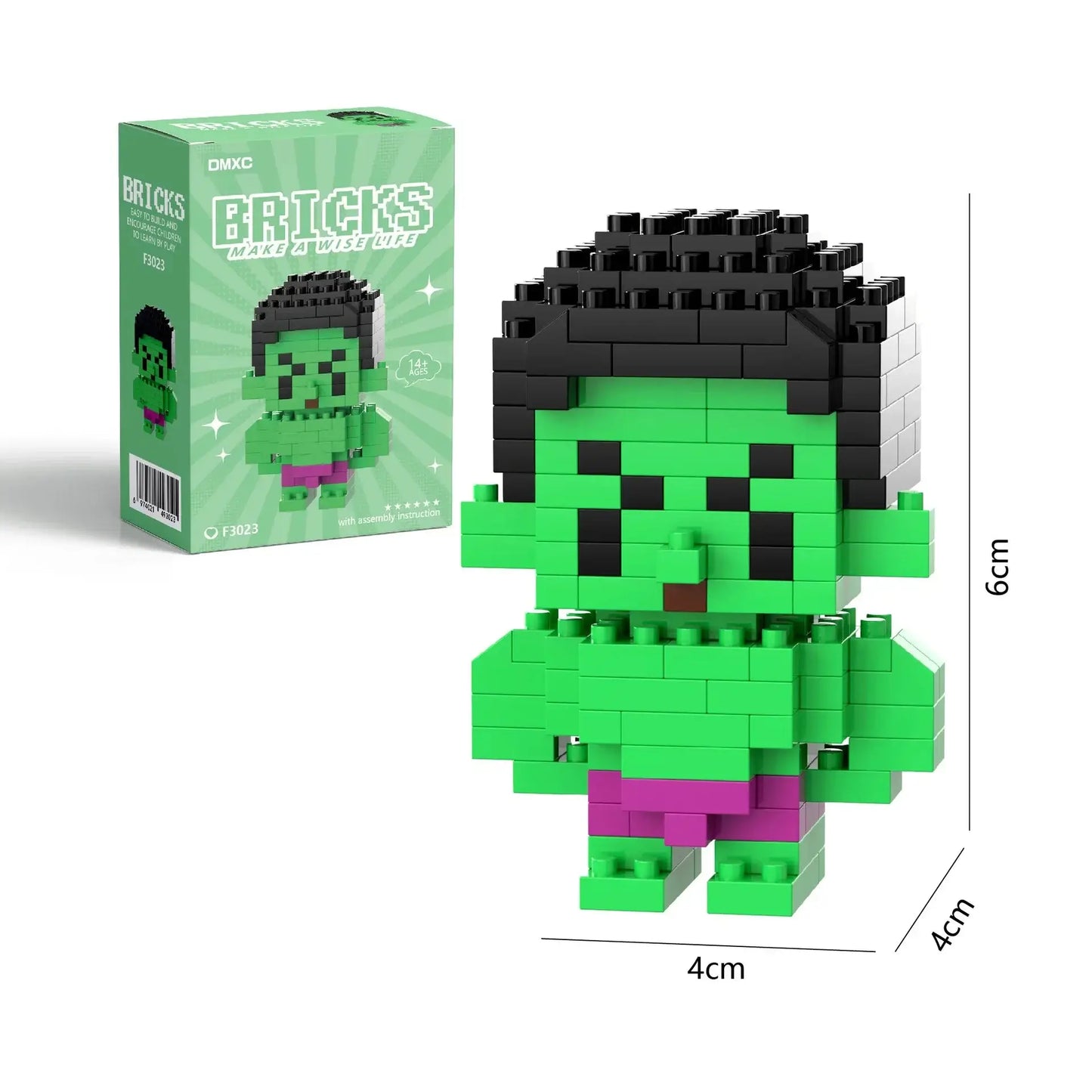Figurine nano block marvel super héros hulk pixelisée verte et violette en briques plastiques emboîtables