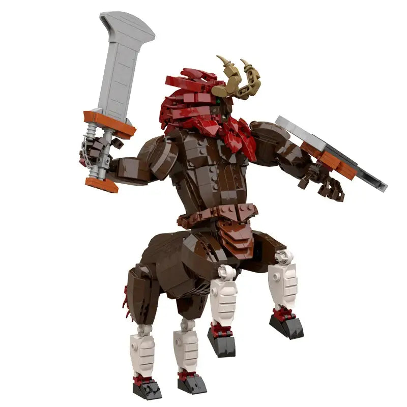 Figurine nano bricks samouraï taureau armure rouge et marron avec cornes dorées tenant épée grise et pistolet argenté nano bricks bokoblin zelda