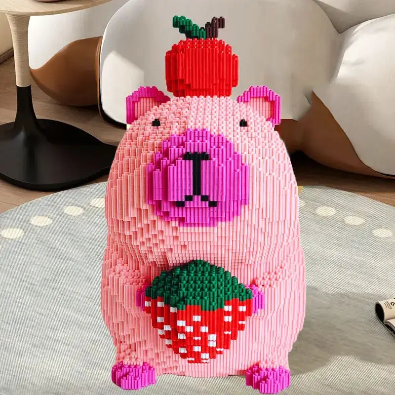 Figurine capybara rigolo nanoblock pink pixelisé en briques plastiques avec pomme rouge et fraise design expressif déguisement carnaval
