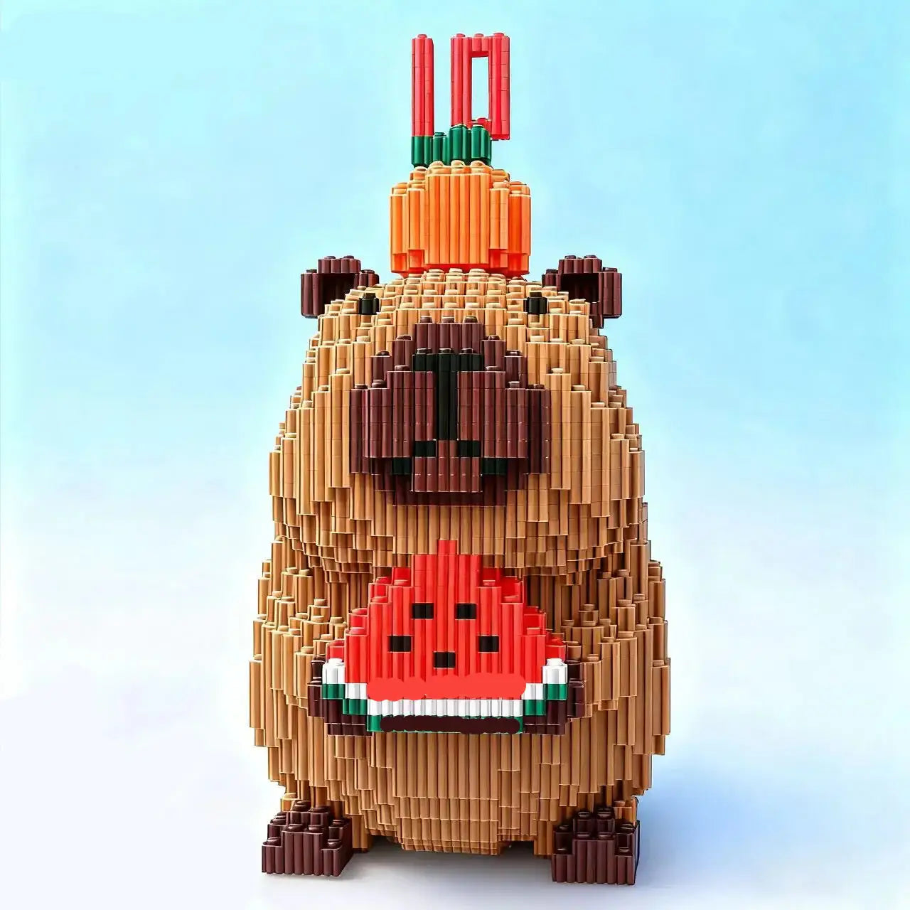 Figurine capybara rigolo tan en briques nanoblock avec design expressif tenue déguisement carnaval tenant une pastèque