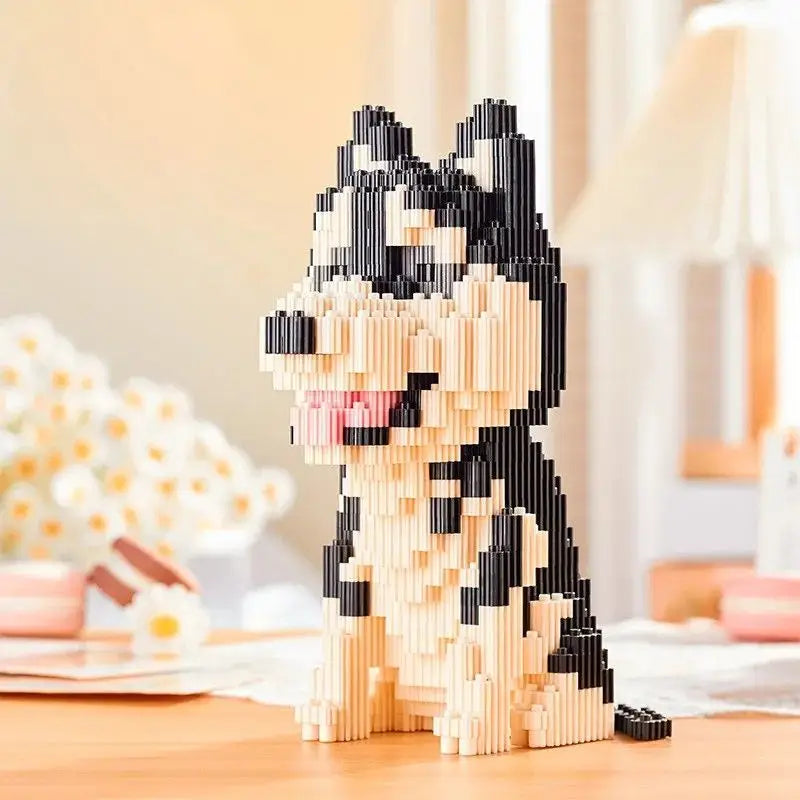 Figurine husky pixelisée en nanoblock mini briques noire et beige avec langue rose dans la collection briques chiens adorables