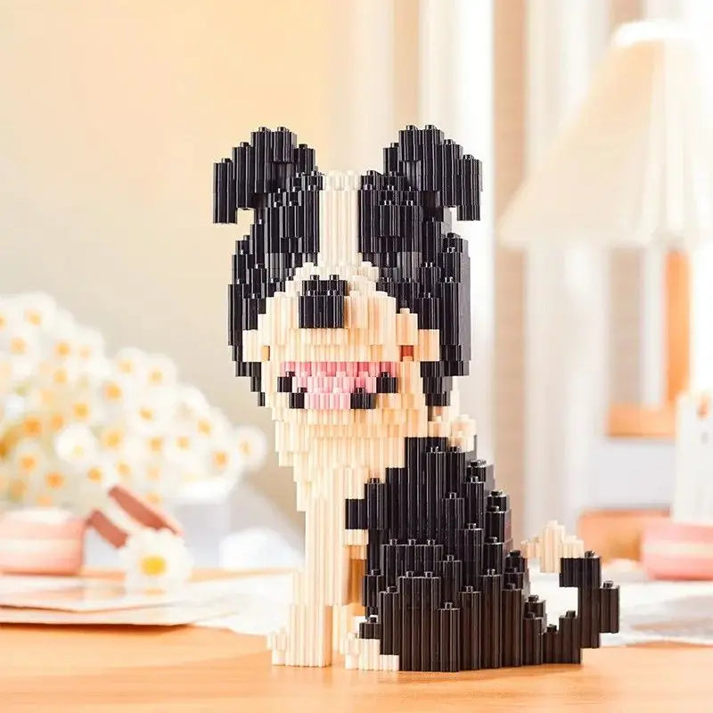 Figurine chien pixelisée noire et crème réalisée en nanoblock mini briques pour collection de briques chiens adorables