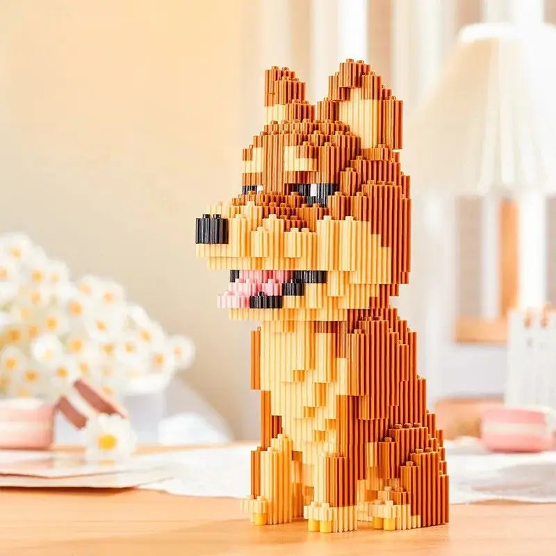 Figurine shiba inu en nanoblock mini briques orange beige avec yeux noirs langue rose expression joueuse briques chiens adorables