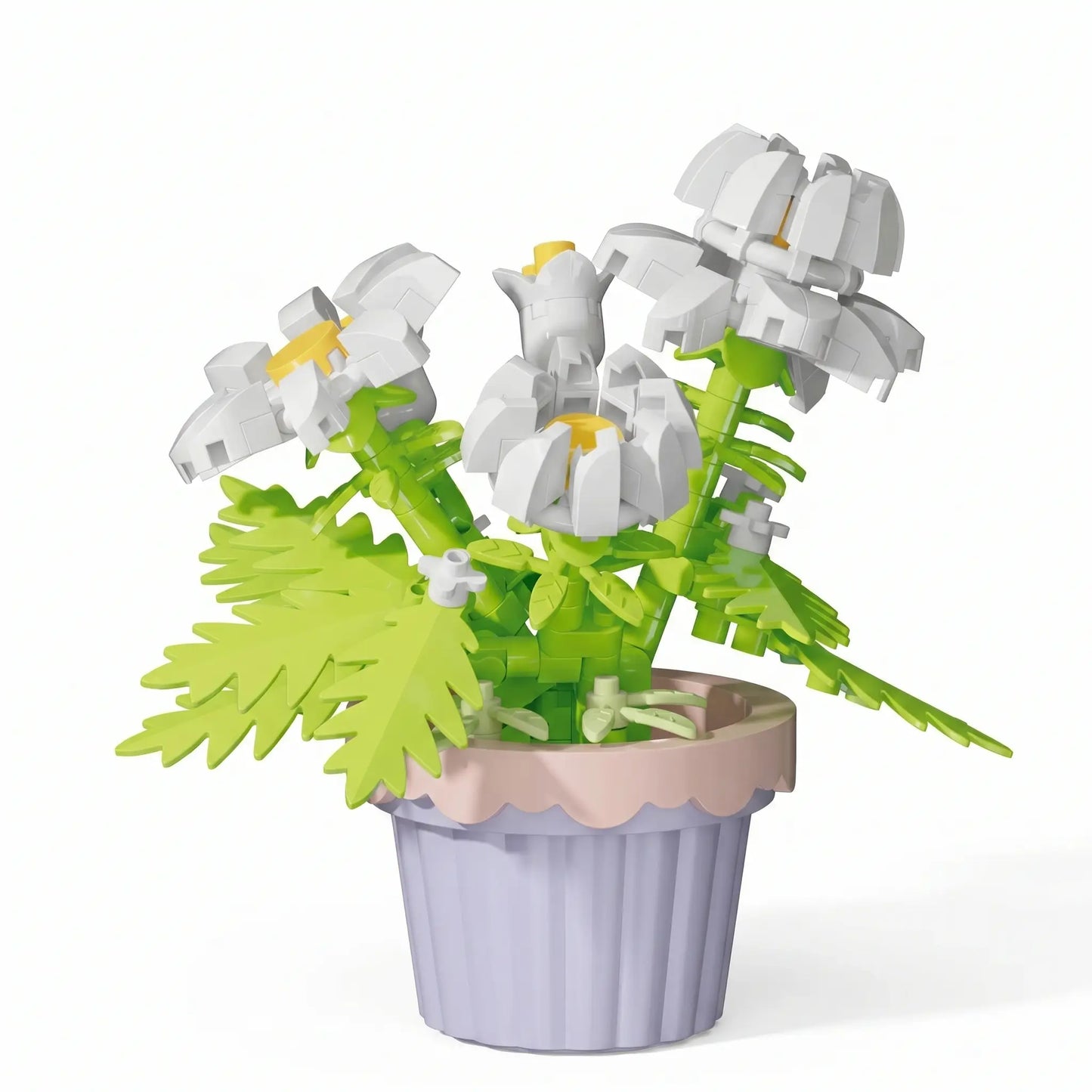 Nanoblock mini fleur blanche avec centres jaunes en briques plastiques dans pot rayé lavande idéal magasins de jouets