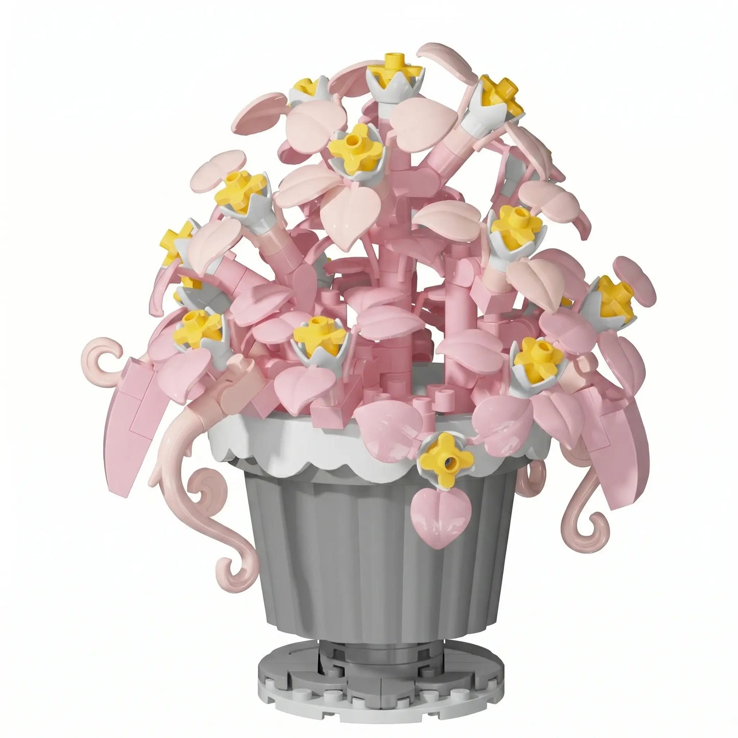 Nanoblock mini fleur en lego rose et jaune dans un pot gris avec bord crénelé, idéal magasins de jouets et déguisement carnaval