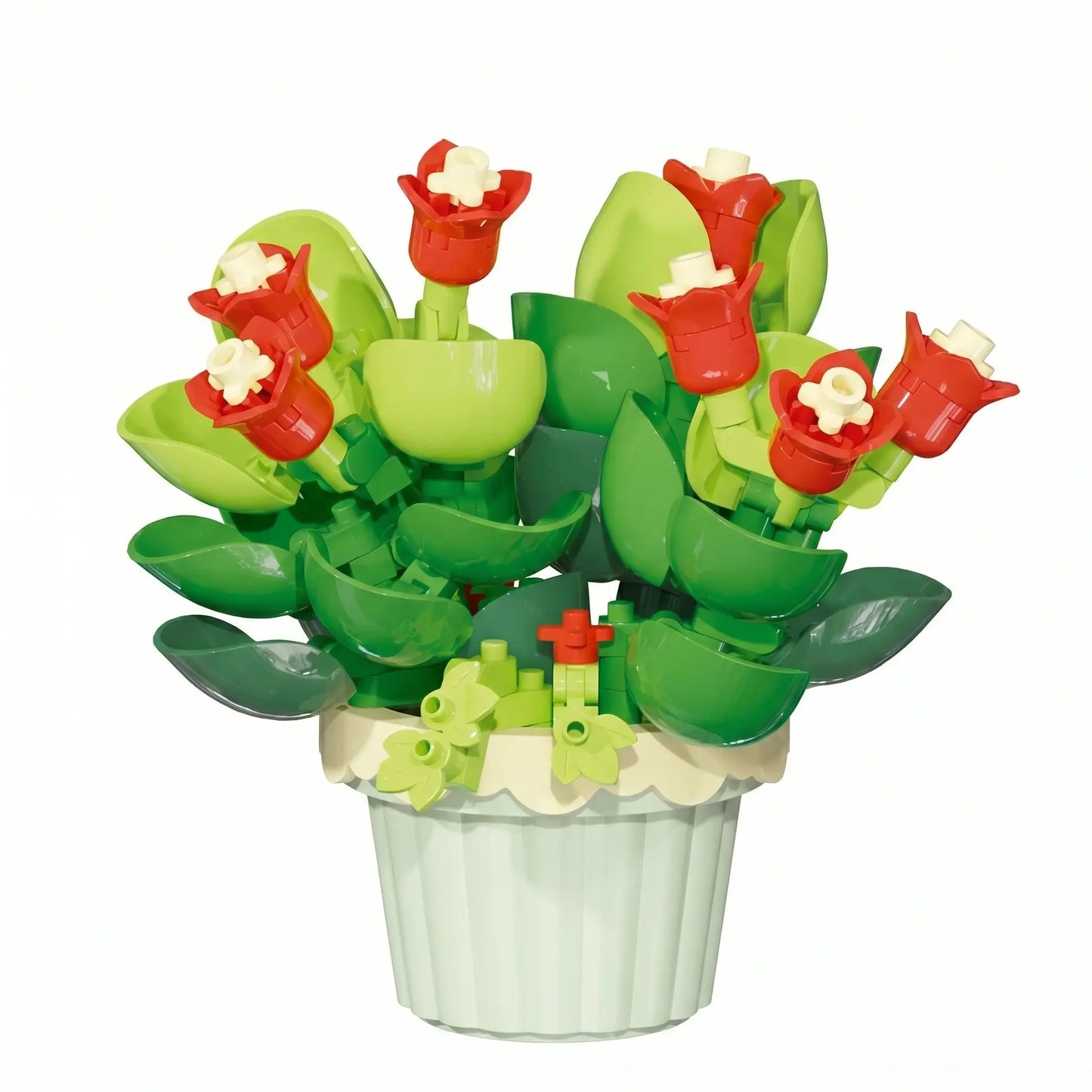 Nanoblock mini fleur rouge et verte dans un pot blanc nervuré idéal pour magasins de jouets et déguisement carnaval