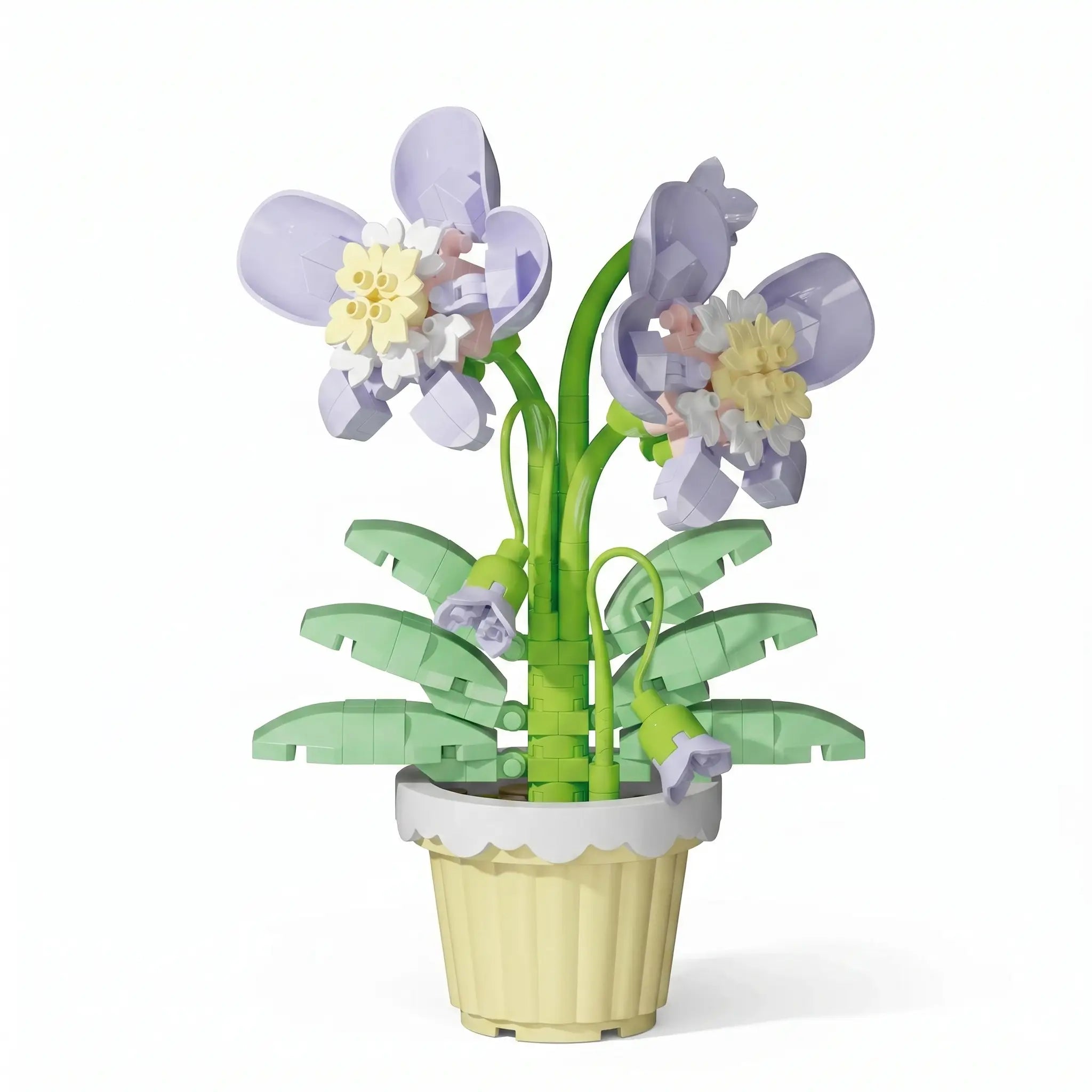 Nanoblock mini fleur en briques plastique avec fleurs lavande et jaune et pot jaune pâle à bords festonnés, magasins de jouets
