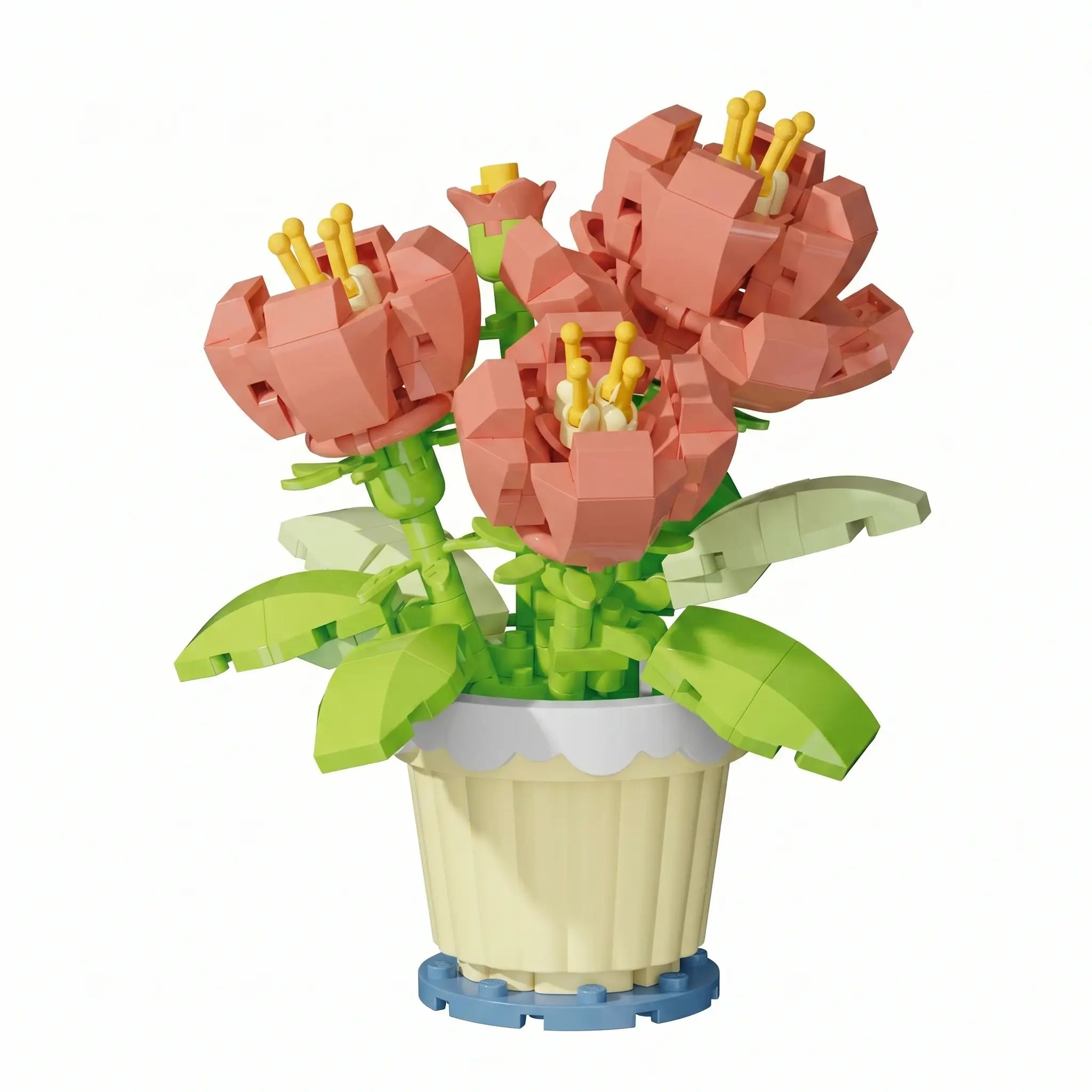 Nanoblock mini fleur rose avec étamines jaunes et feuilles vertes dans pot crème pour magasins de jouets